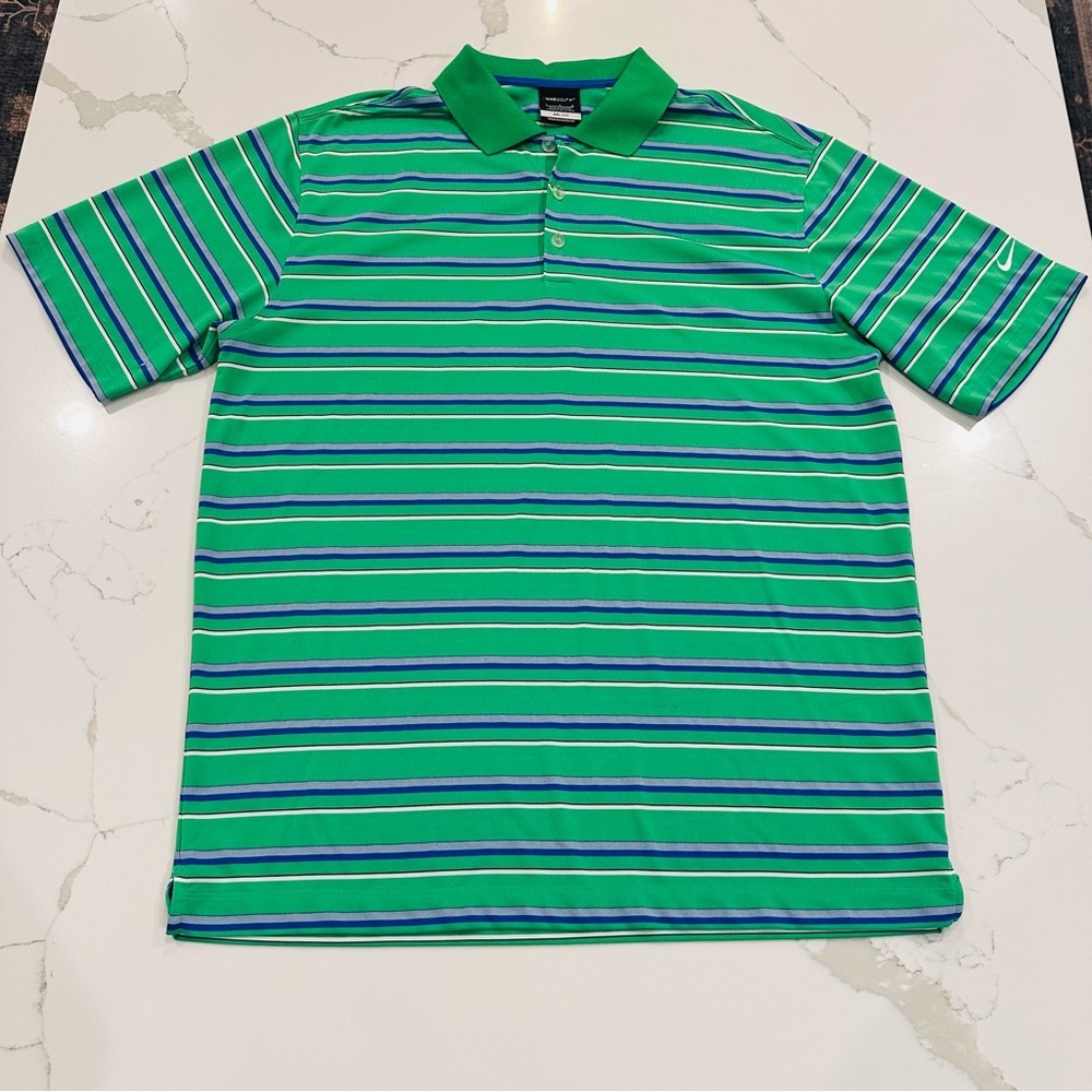 Nike Golf Dri Fit Polo Shirt Mens Sz Large Kelly Green Blue Striped Logo Preppy